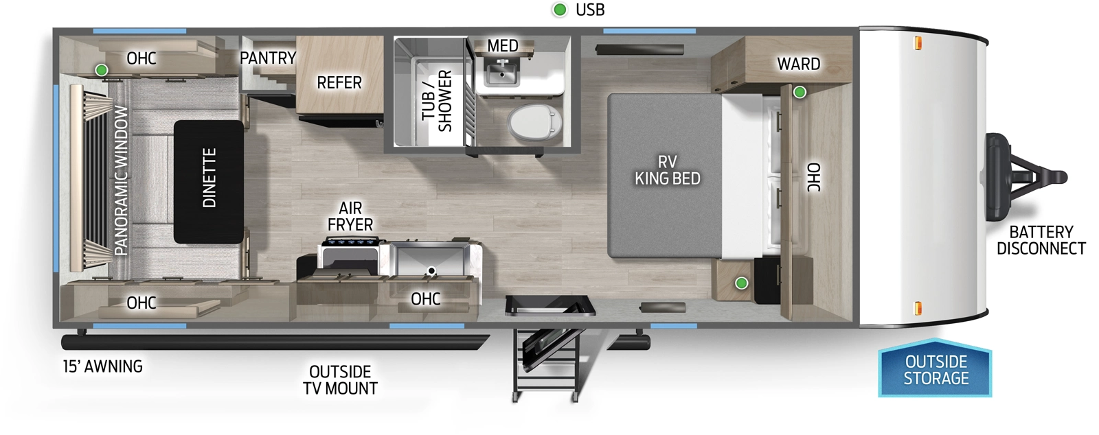 The Cascade 20RDSEC floorplan has one entry and zero slide outs. Exterior features include: fiberglass exterior and 15' awning. Interiors features include: u-dinette and front bedroom.